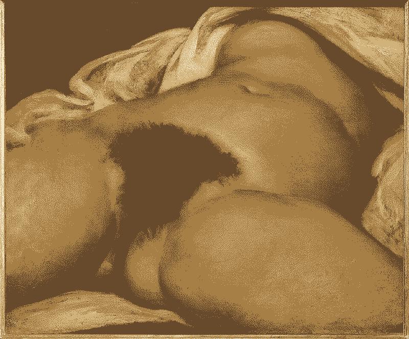 Oil on canvas painting of a naked woman lying on a bed with her legs, groin, and torso visible, the rest under covers.