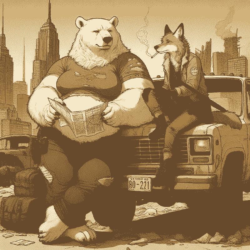 Bing image generation of a polar bear woman and a coyote woman in the apocalypse, sitting on a car, studying a map.