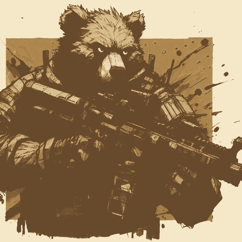 Bing image generation in a colorful style of a bear grunt of some variety at low-ready.