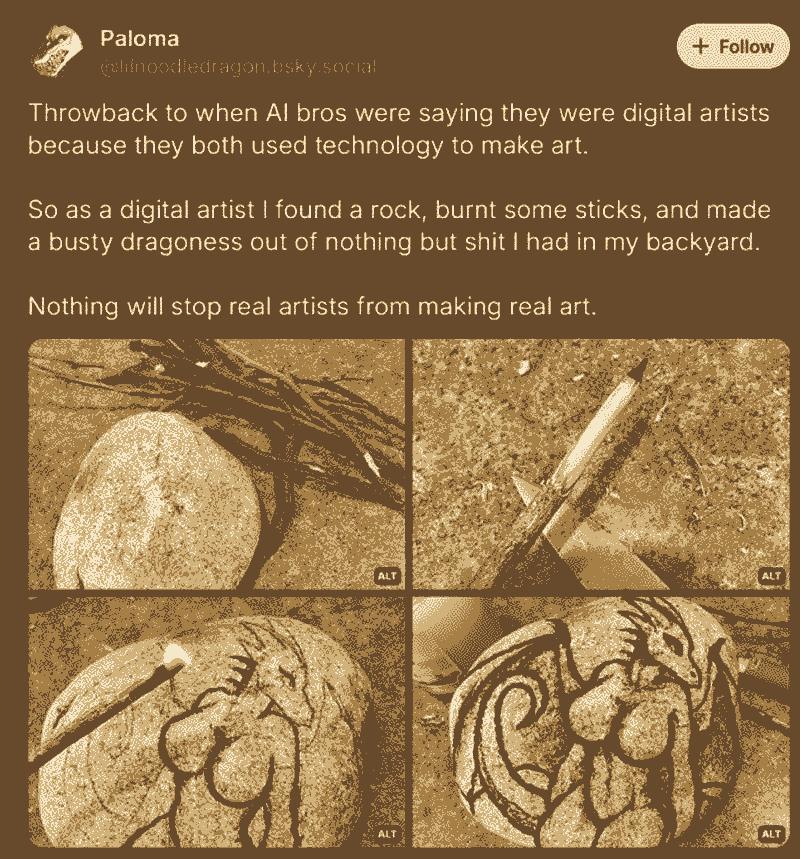 Screenshot of a social media post, where a user has defiantly drawing buxom lizards with burnt sticks on a rock to signal their devotion to art.