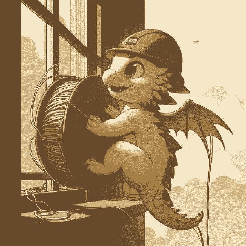 Bing image generation of a cute little dragon in a hard hat carrying networking cable.