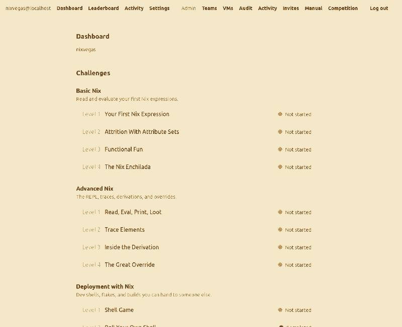 Screenshot of a typical team dashboard, showing available challenges.